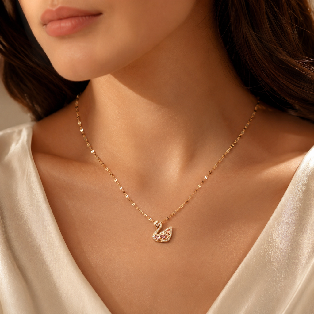 Gold Swan Necklace, Pink White Moissanite Pendant, Dainty Adjustable 18-Inch Jewelry, Tarnish Resistant Gift