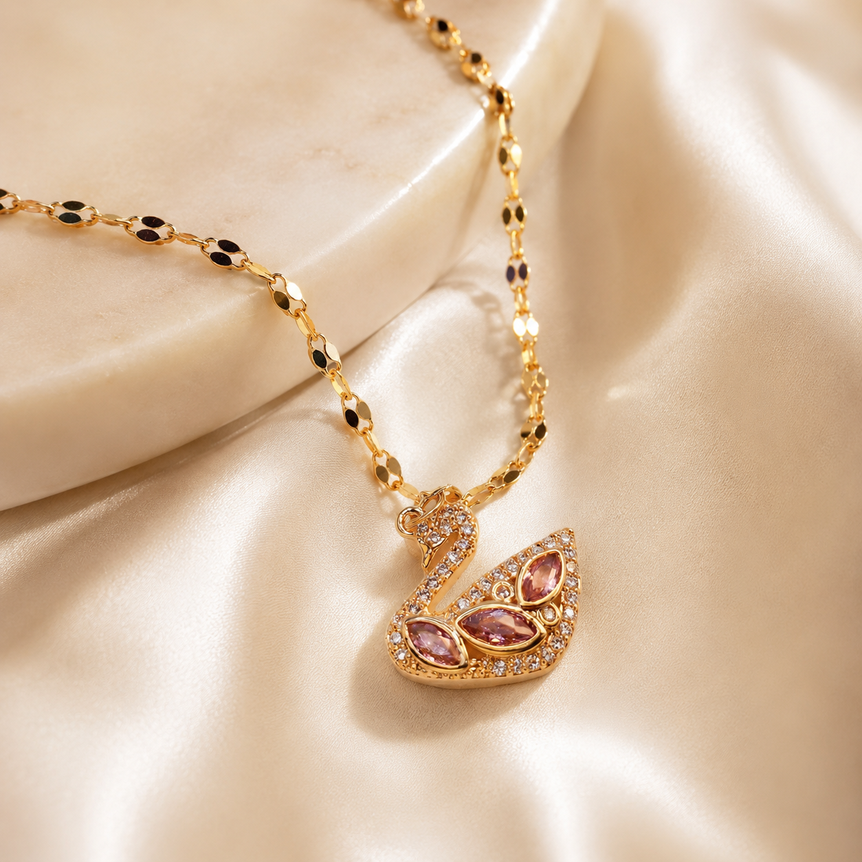 Gold Swan Necklace, Pink White Moissanite Pendant, Dainty Adjustable 18-Inch Jewelry, Tarnish Resistant Gift