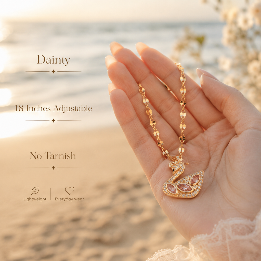 Gold Swan Necklace, Pink White Moissanite Pendant, Dainty Adjustable 18-Inch Jewelry, Tarnish Resistant Gift