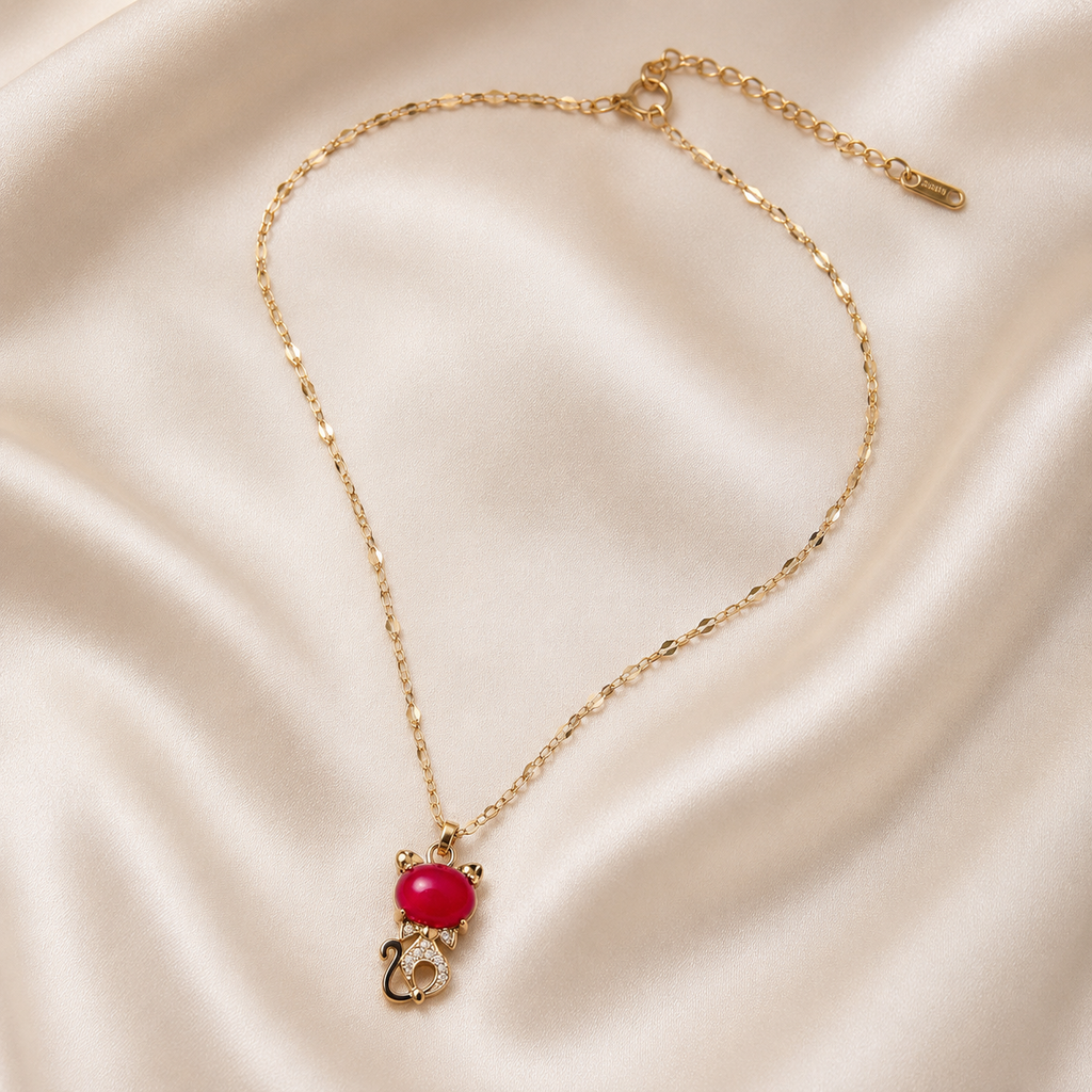 Red Kitten Necklace, Gold Tone Cat Pendant with Crystal Accents, 18 Inch Adjustable Stainless Steel Jewelry Gift for Cat Lover
