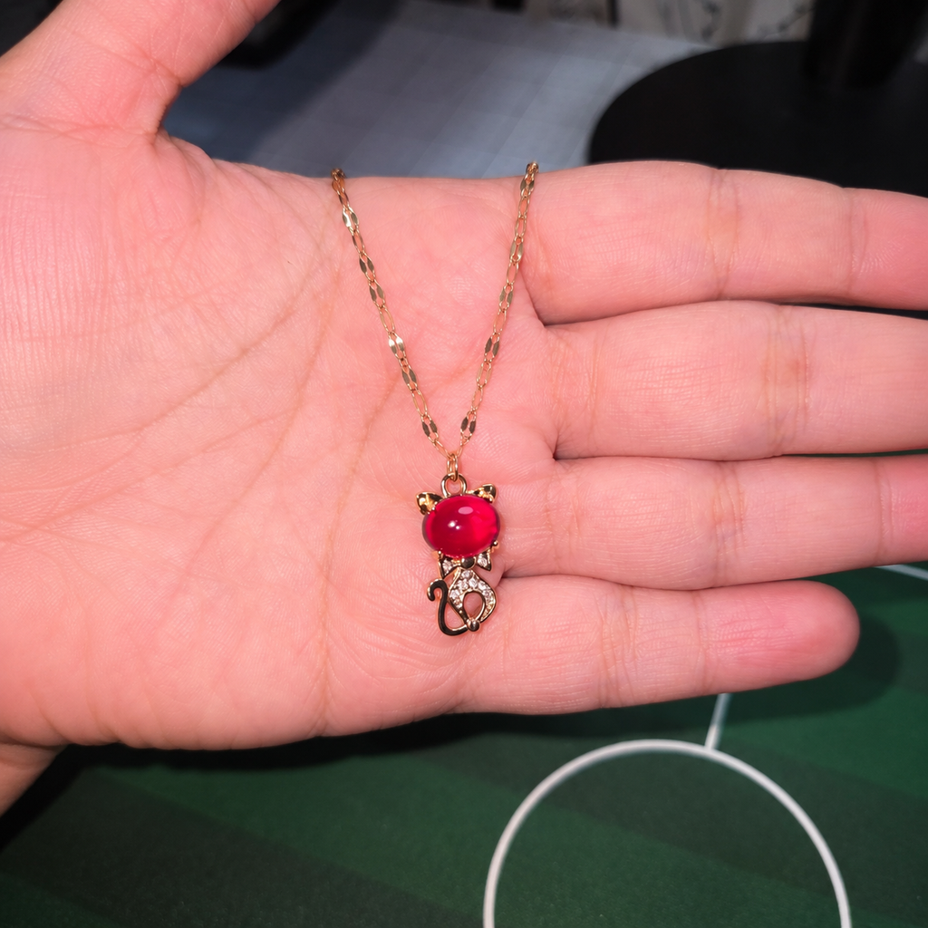 Red Kitten Necklace, Gold Tone Cat Pendant with Crystal Accents, 18 Inch Adjustable Stainless Steel Jewelry Gift for Cat Lover