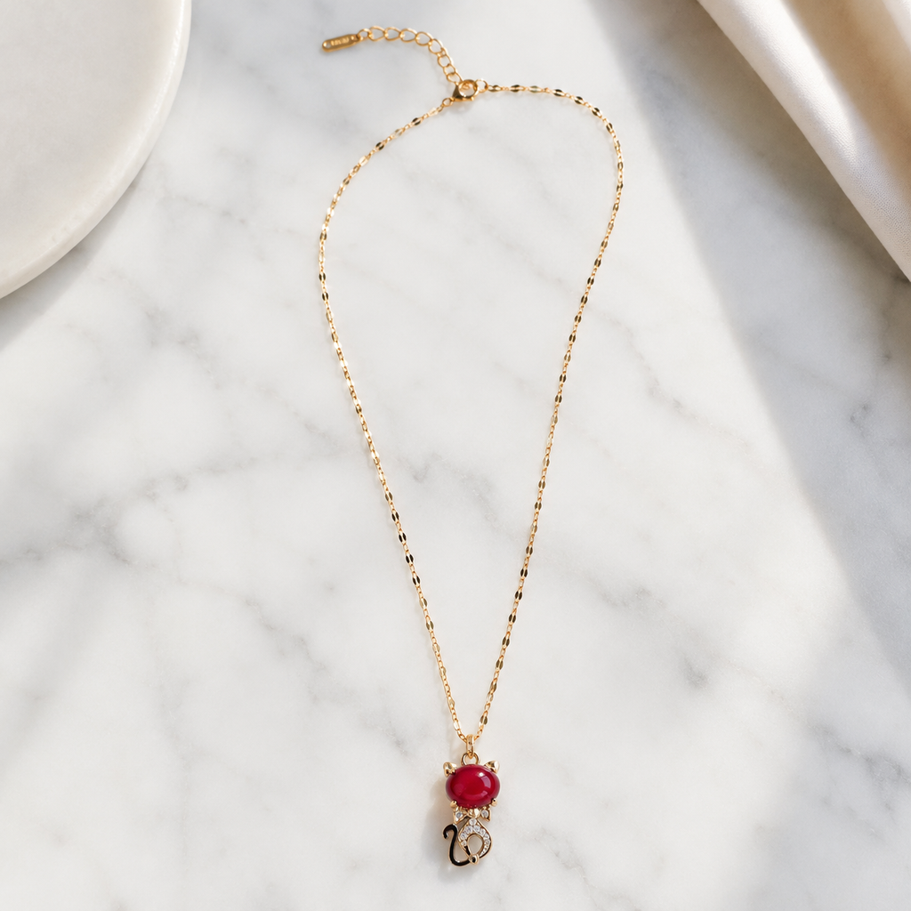 Red Kitten Necklace, Gold Tone Cat Pendant with Crystal Accents, 18 Inch Adjustable Stainless Steel Jewelry Gift for Cat Lover