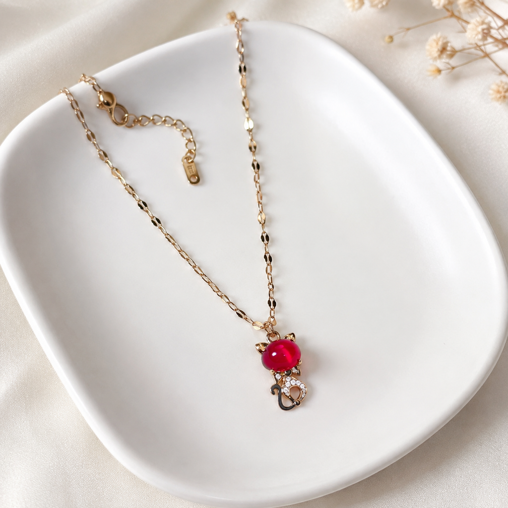 Red Kitten Necklace, Gold Tone Cat Pendant with Crystal Accents, 18 Inch Adjustable Stainless Steel Jewelry Gift for Cat Lover