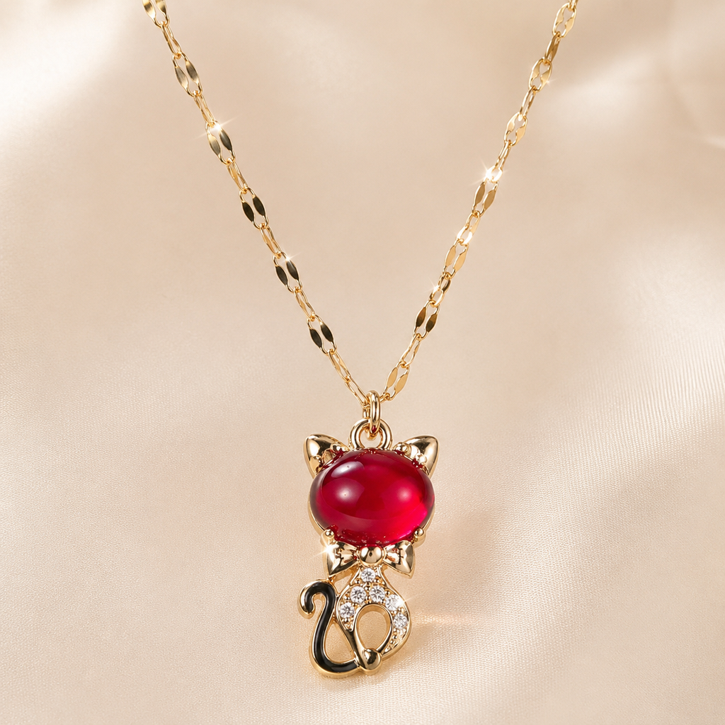 Red Kitten Necklace, Gold Tone Cat Pendant with Crystal Accents, 18 Inch Adjustable Stainless Steel Jewelry Gift for Cat Lover