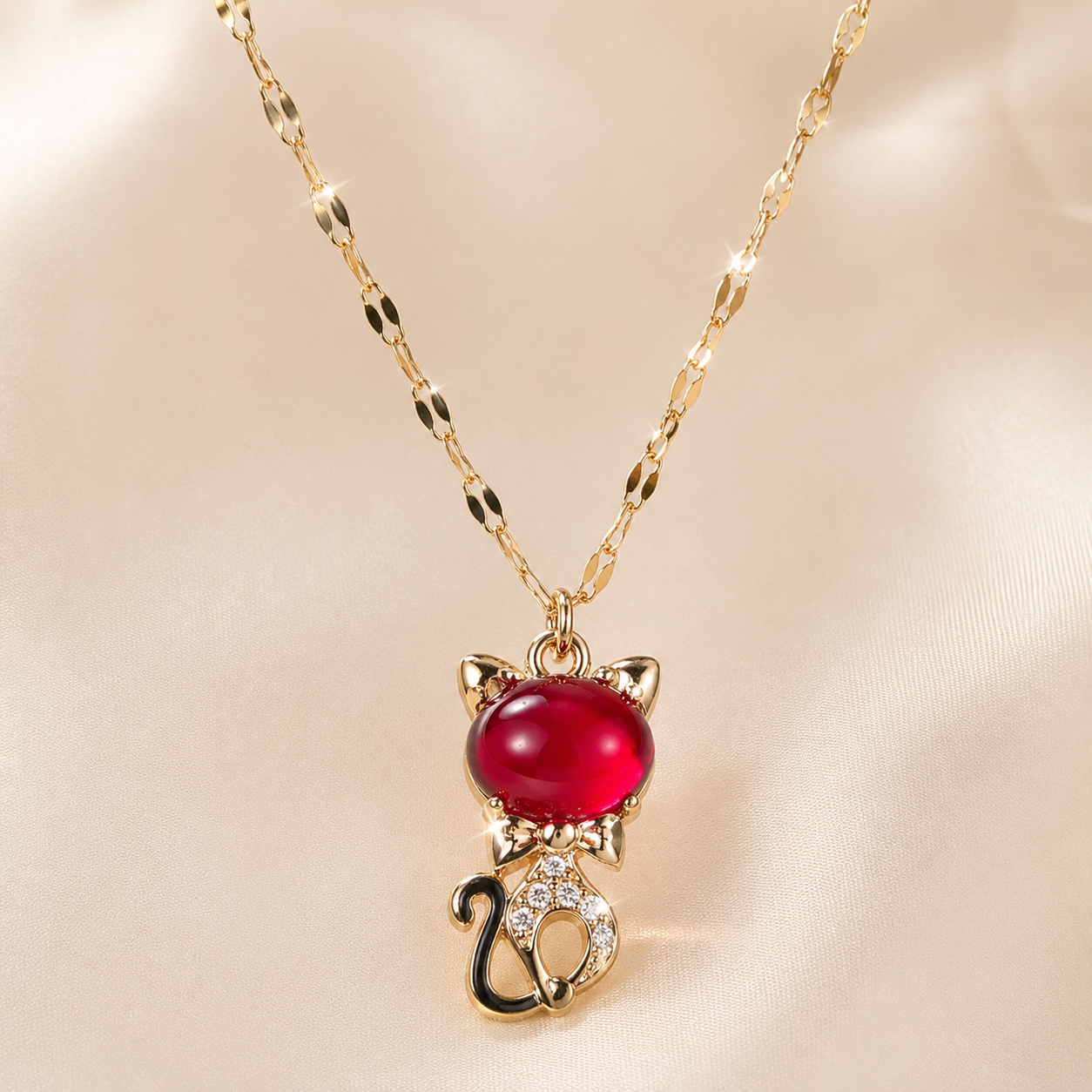Red Kitten Necklace, Gold Tone Cat Pendant with Crystal Accents, 18 Inch Adjustable Stainless Steel Jewelry Gift for Cat Lover