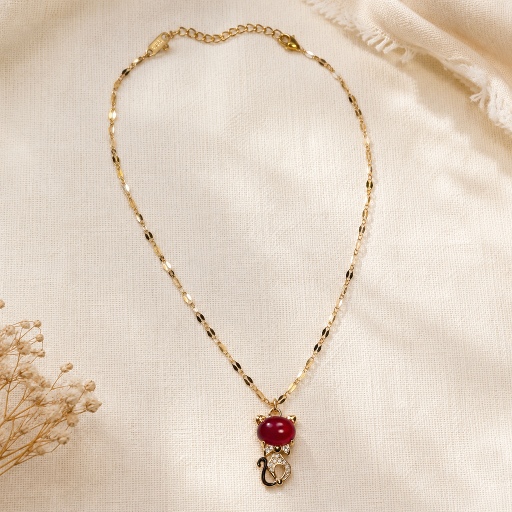 Red Kitten Necklace, Gold Tone Cat Pendant with Crystal Accents, 18 Inch Adjustable Stainless Steel Jewelry Gift for Cat Lover