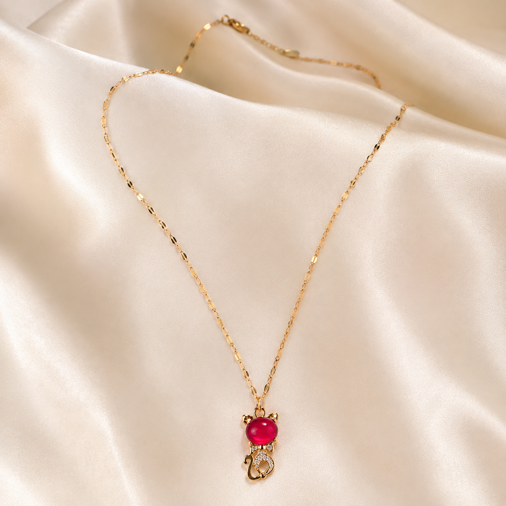 Red Kitten Necklace, Gold Tone Cat Pendant with Crystal Accents, 18 Inch Adjustable Stainless Steel Jewelry Gift for Cat Lover