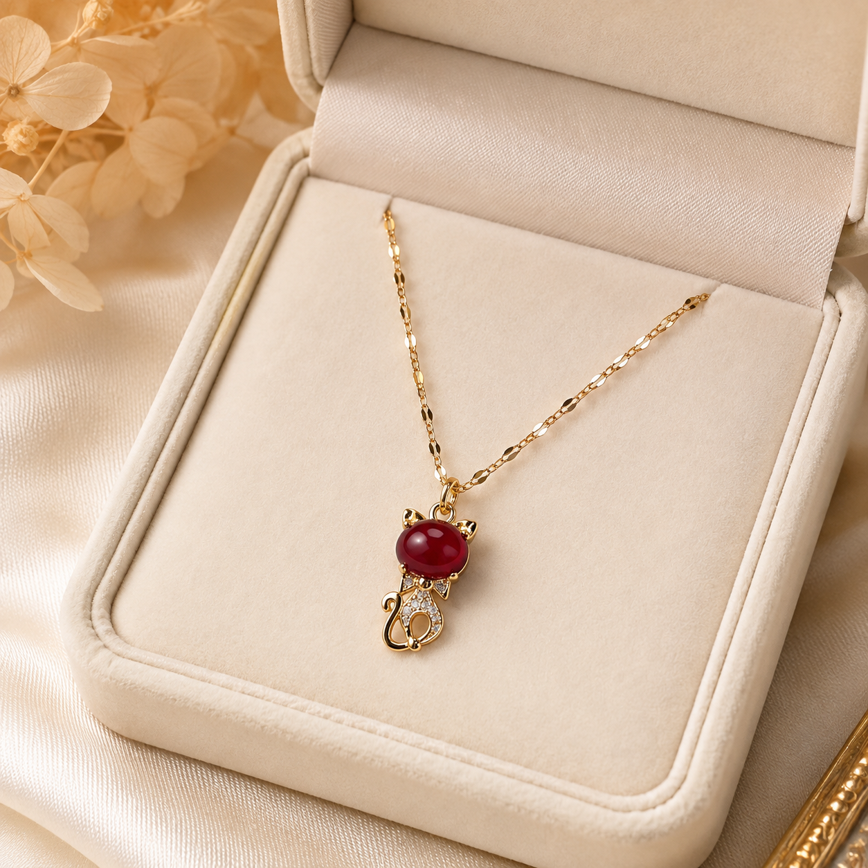 Red Kitten Necklace, Gold Tone Cat Pendant with Crystal Accents, 18 Inch Adjustable Stainless Steel Jewelry Gift for Cat Lover