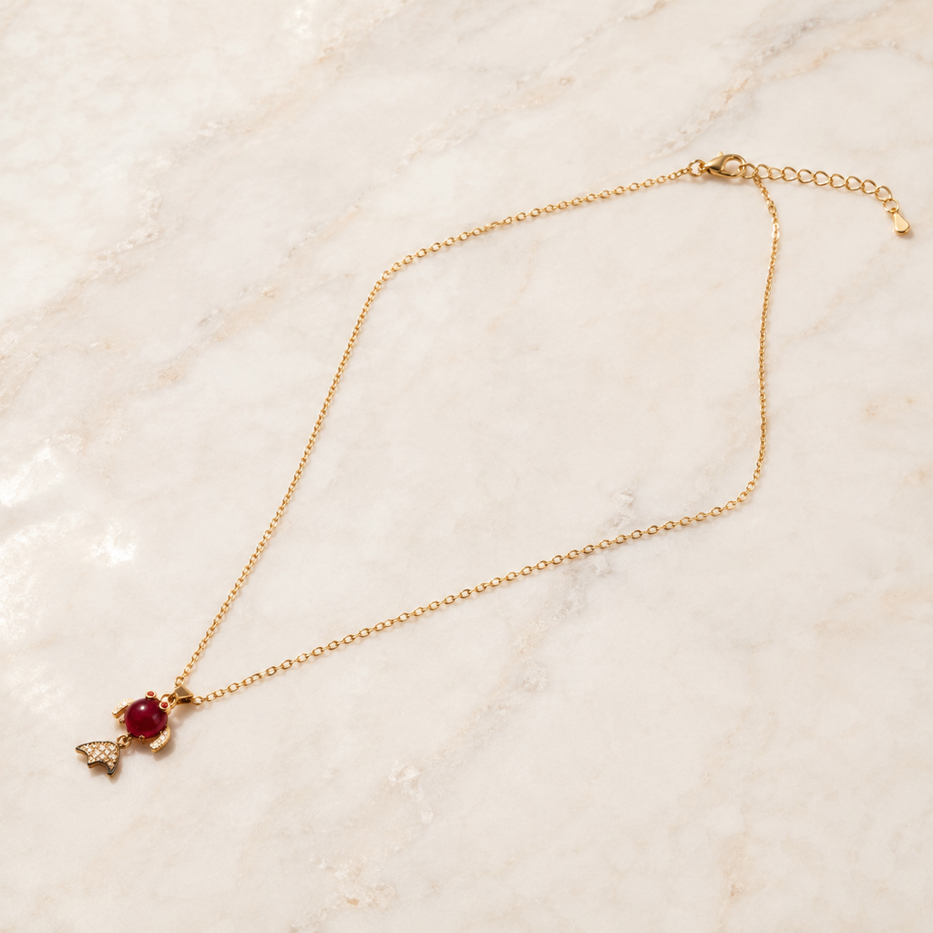 Red Fish Pendant Necklace, Gold Tone Crystal Fish Charm, 18 Inch Adjustable Stainless Steel Jewelry Gift for Her