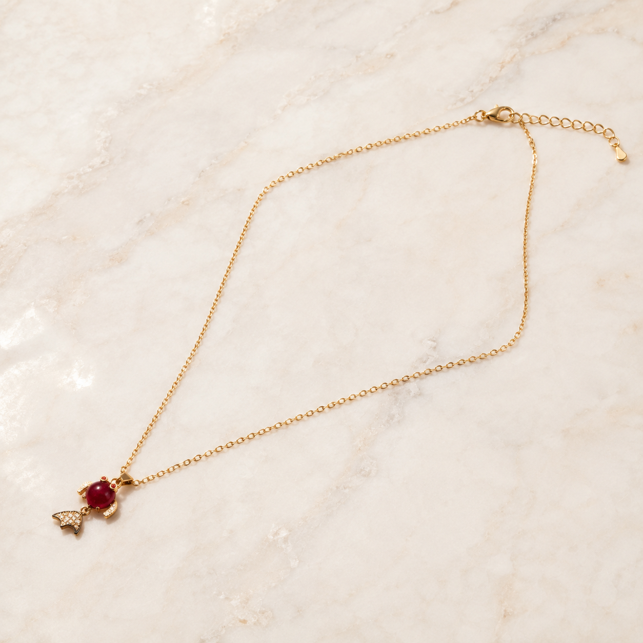 Red Fish Pendant Necklace, Gold Tone Crystal Fish Charm, 18 Inch Adjustable Stainless Steel Jewelry Gift for Her