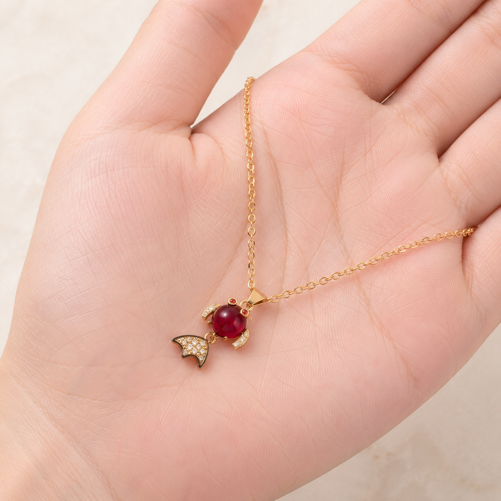 Red Fish Pendant Necklace, Gold Tone Crystal Fish Charm, 18 Inch Adjustable Stainless Steel Jewelry Gift for Her