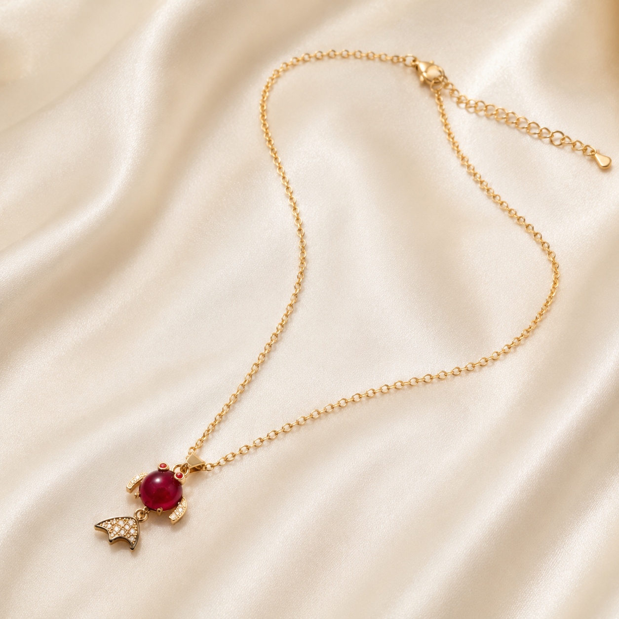 Red Fish Pendant Necklace, Gold Tone Crystal Fish Charm, 18 Inch Adjustable Stainless Steel Jewelry Gift for Her