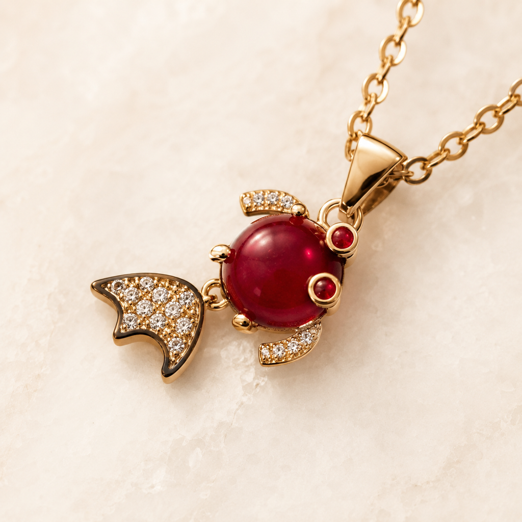 Red Fish Pendant Necklace, Gold Tone Crystal Fish Charm, 18 Inch Adjustable Stainless Steel Jewelry Gift for Her