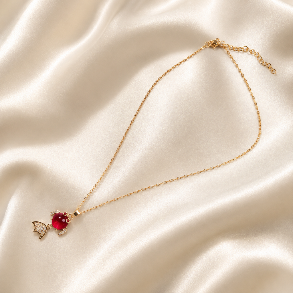 Red Fish Pendant Necklace, Gold Tone Crystal Fish Charm, 18 Inch Adjustable Stainless Steel Jewelry Gift for Her