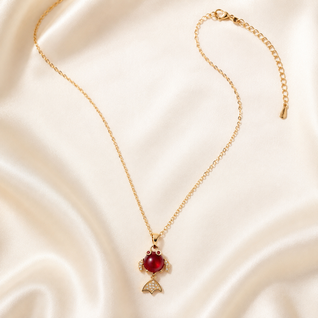 Red Fish Pendant Necklace, Gold Tone Crystal Fish Charm, 18 Inch Adjustable Stainless Steel Jewelry Gift for Her