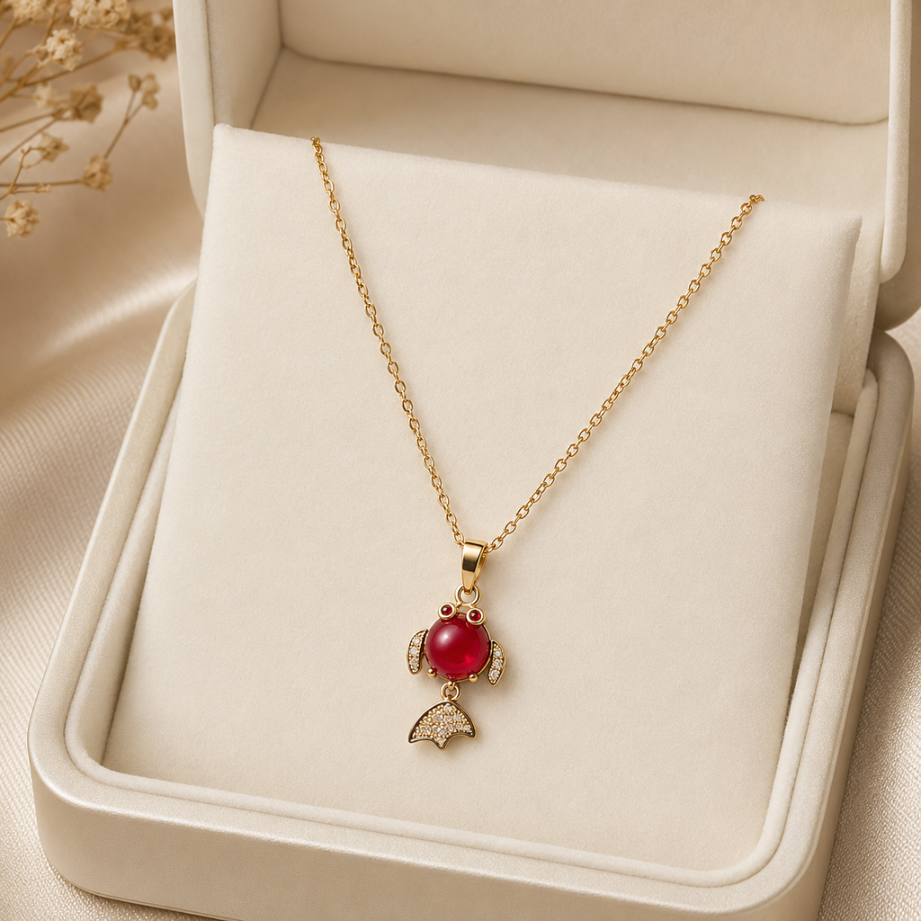 Red Fish Pendant Necklace, Gold Tone Crystal Fish Charm, 18 Inch Adjustable Stainless Steel Jewelry Gift for Her