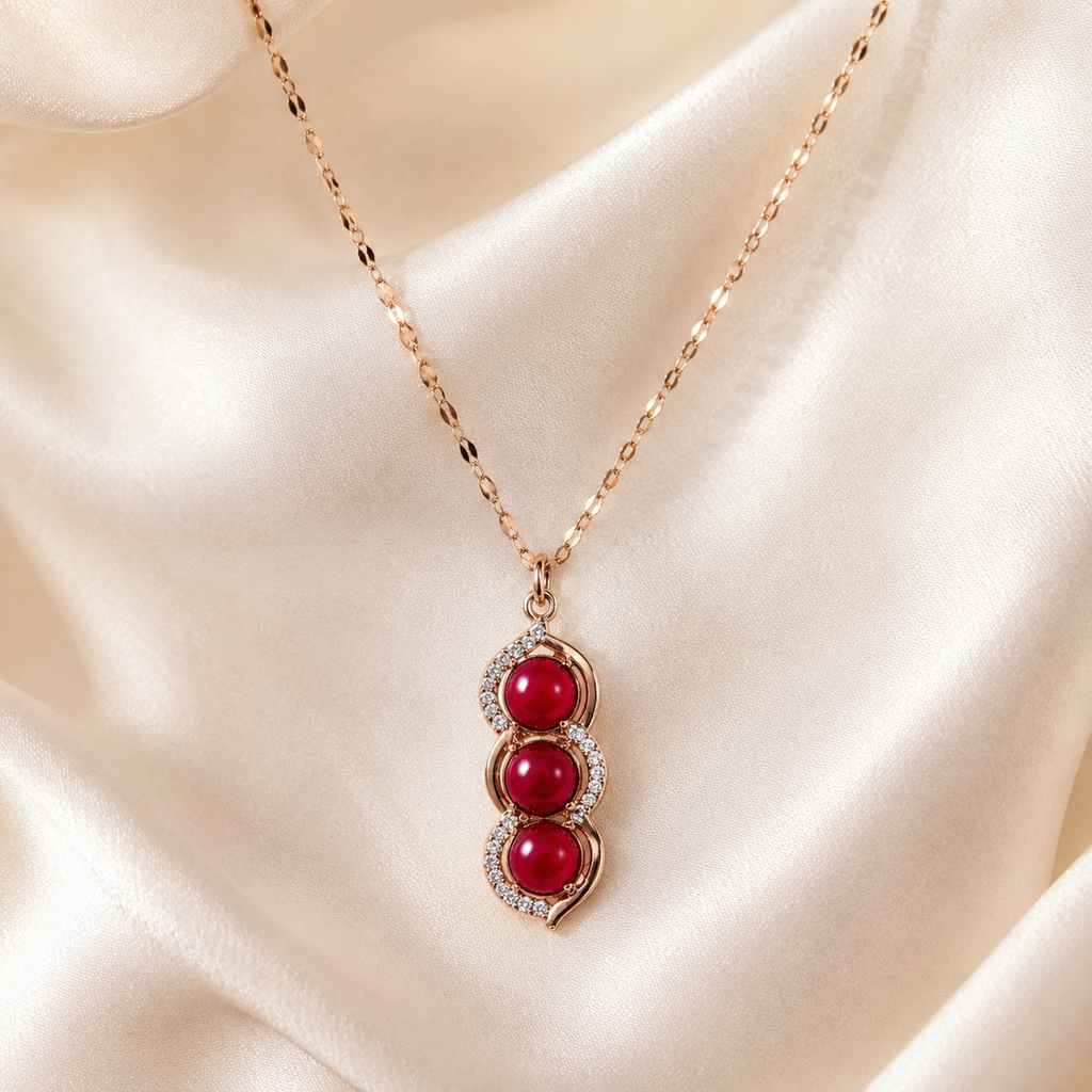 Triple Red Stone Necklace, Gold Tone Stainless Steel, Clear Crystal Pendant, 18 Inch Adjustable Jewelry Gift for Her