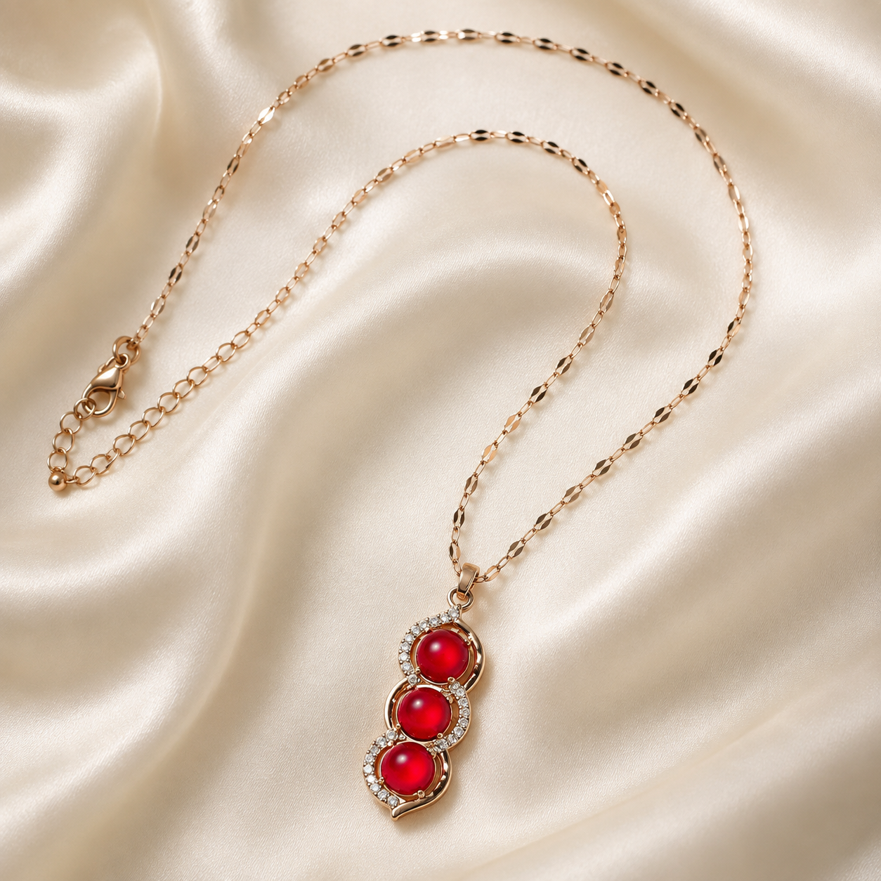 Triple Red Stone Necklace, Gold Tone Stainless Steel, Clear Crystal Pendant, 18 Inch Adjustable Jewelry Gift for Her