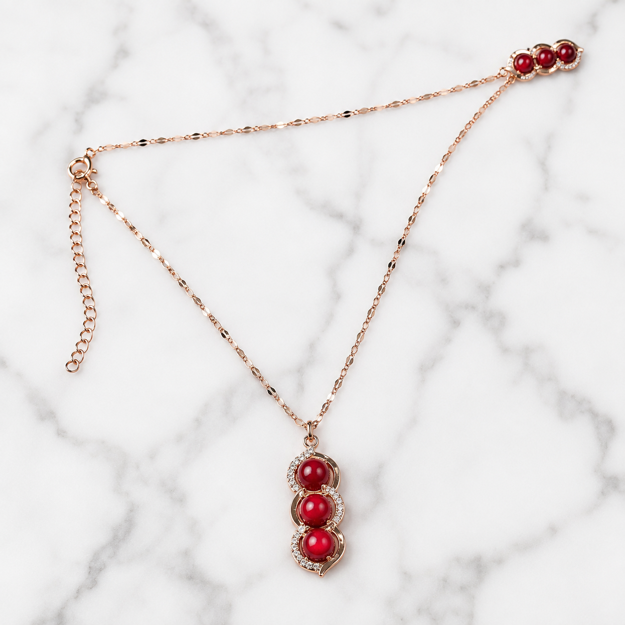 Triple Red Stone Necklace, Gold Tone Stainless Steel, Clear Crystal Pendant, 18 Inch Adjustable Jewelry Gift for Her