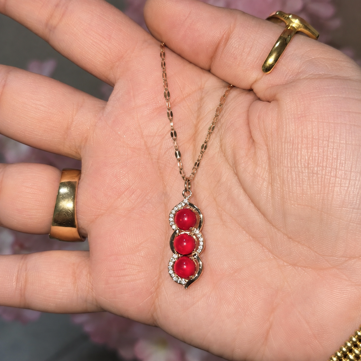 Triple Red Stone Necklace, Gold Tone Stainless Steel, Clear Crystal Pendant, 18 Inch Adjustable Jewelry Gift for Her