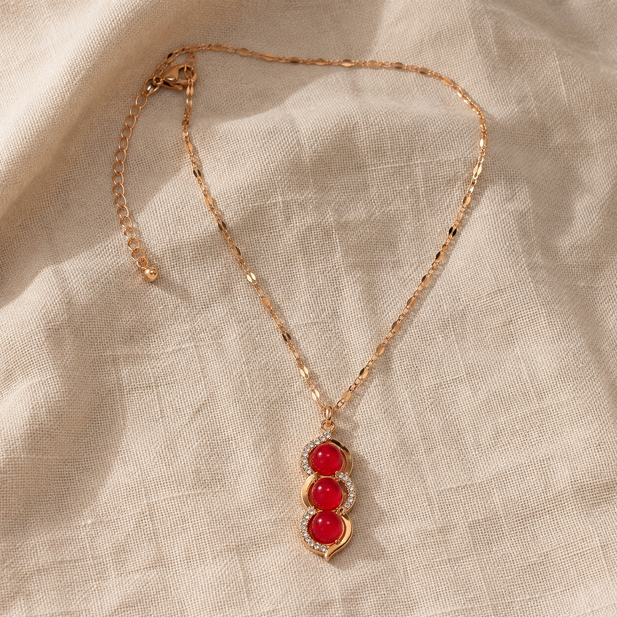 Triple Red Stone Necklace, Gold Tone Stainless Steel, Clear Crystal Pendant, 18 Inch Adjustable Jewelry Gift for Her