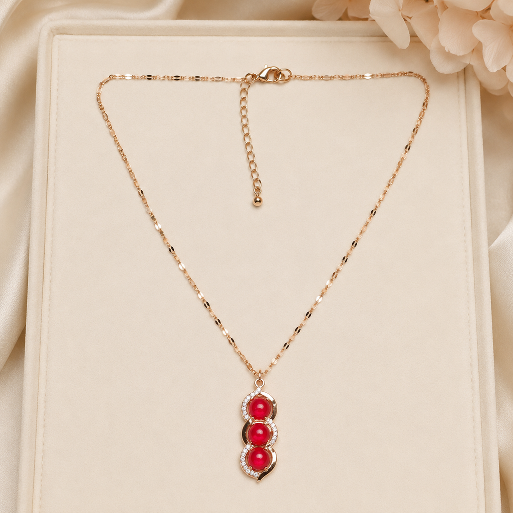 Triple Red Stone Necklace, Gold Tone Stainless Steel, Clear Crystal Pendant, 18 Inch Adjustable Jewelry Gift for Her