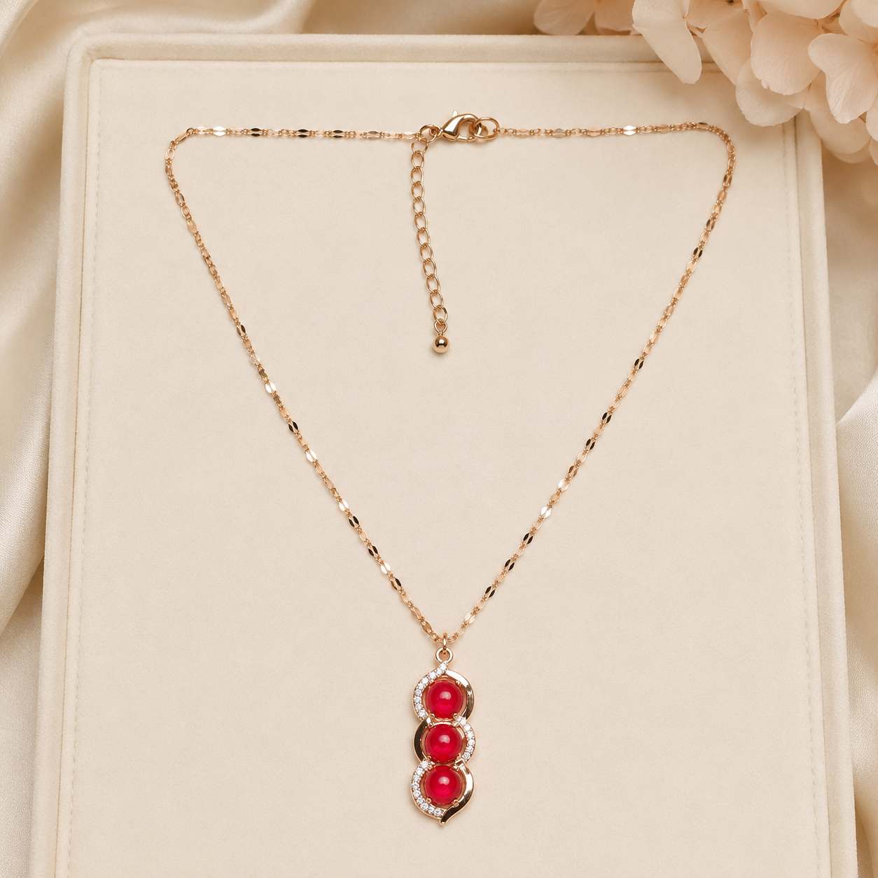 Triple Red Stone Necklace, Gold Tone Stainless Steel, Clear Crystal Pendant, 18 Inch Adjustable Jewelry Gift for Her