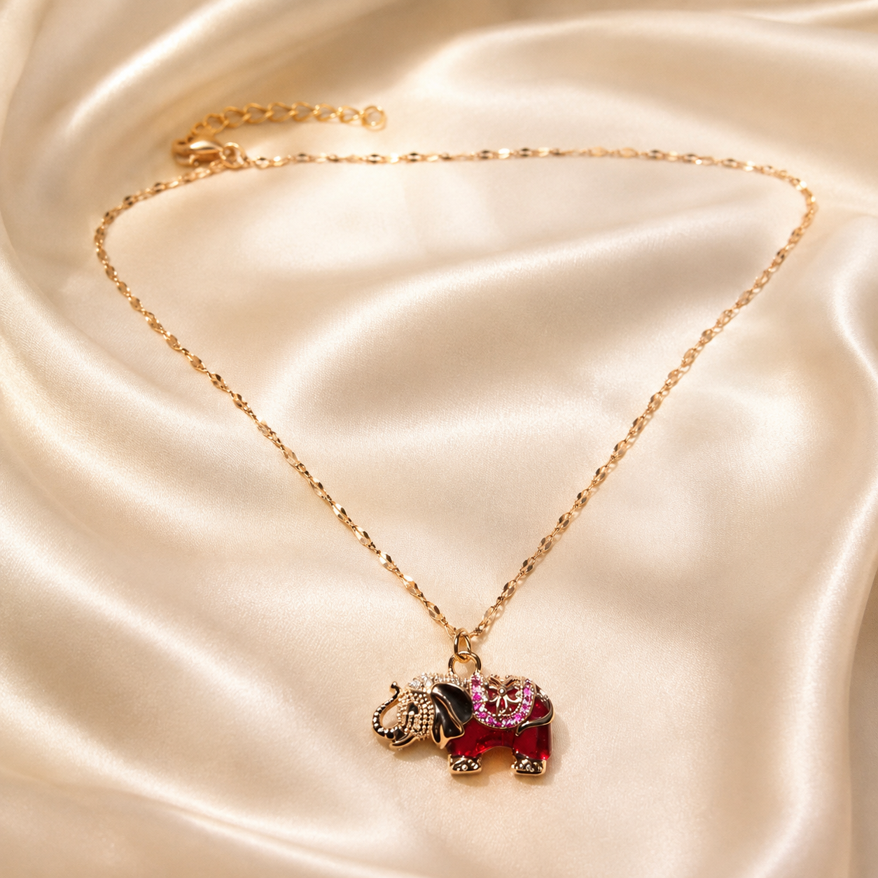 Red Elephant Pendant Necklace, Gold Tone Stainless Steel, Crystal Animal Charm, 18 Inch Adjustable Jewelry Gift for Her