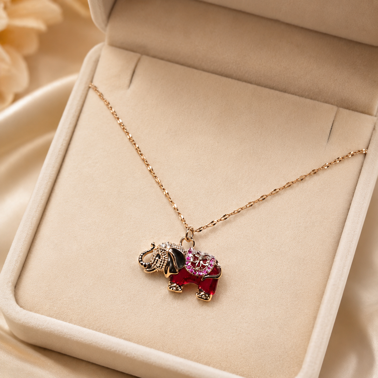 Red Elephant Pendant Necklace, Gold Tone Stainless Steel, Crystal Animal Charm, 18 Inch Adjustable Jewelry Gift for Her