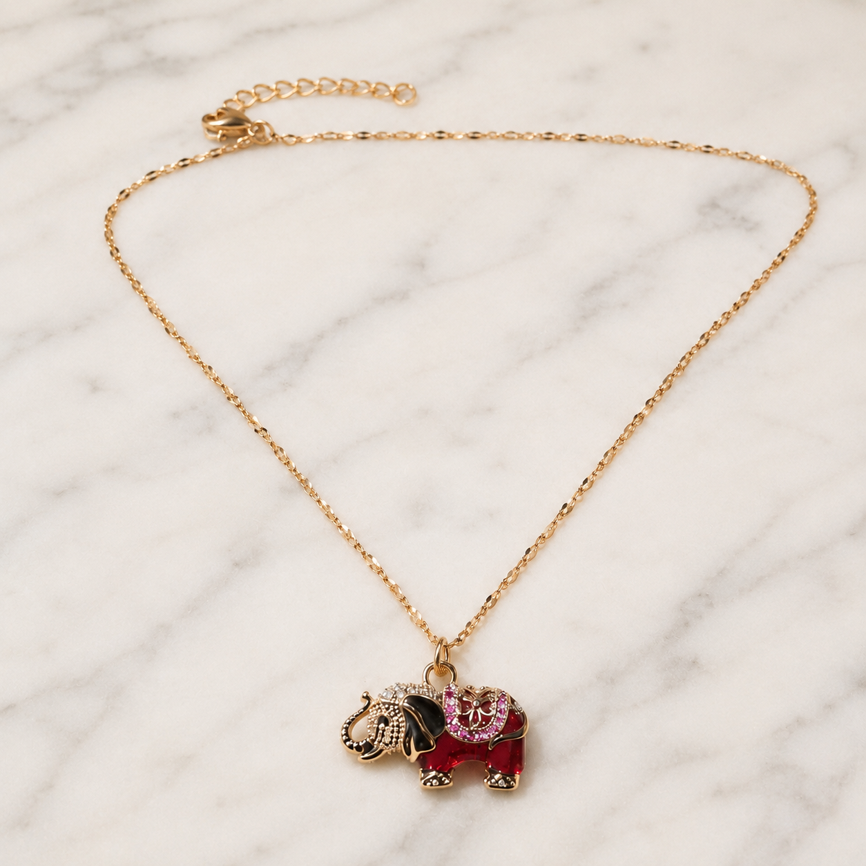 Red Elephant Pendant Necklace, Gold Tone Stainless Steel, Crystal Animal Charm, 18 Inch Adjustable Jewelry Gift for Her