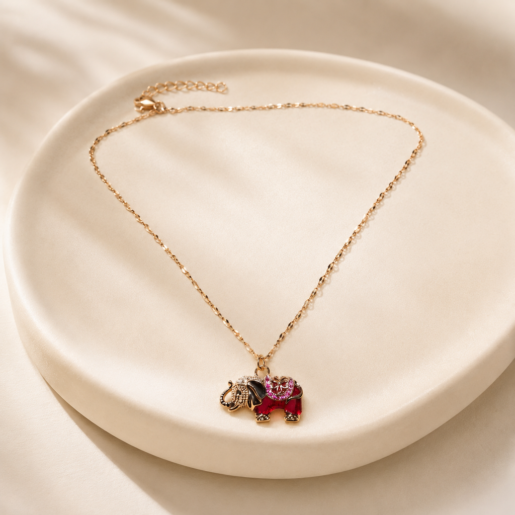 Red Elephant Pendant Necklace, Gold Tone Stainless Steel, Crystal Animal Charm, 18 Inch Adjustable Jewelry Gift for Her