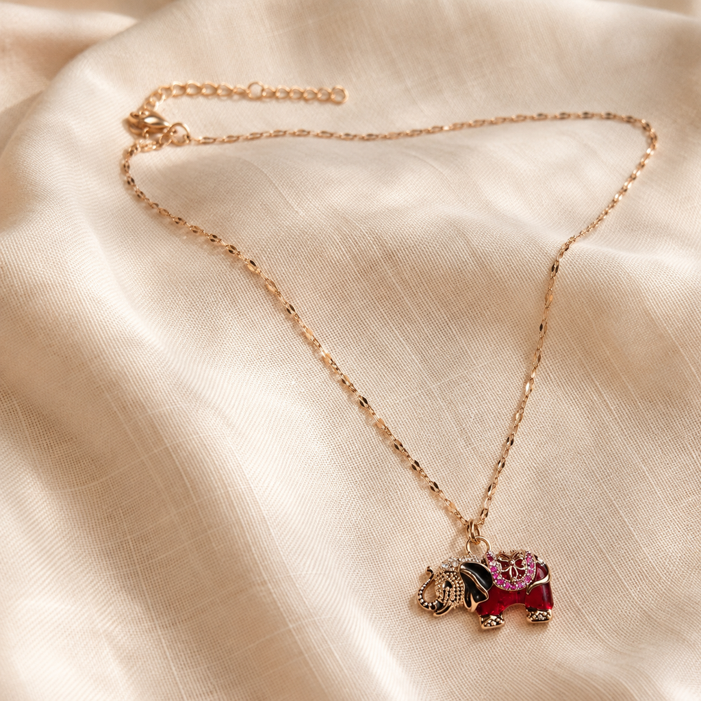 Red Elephant Pendant Necklace, Gold Tone Stainless Steel, Crystal Animal Charm, 18 Inch Adjustable Jewelry Gift for Her