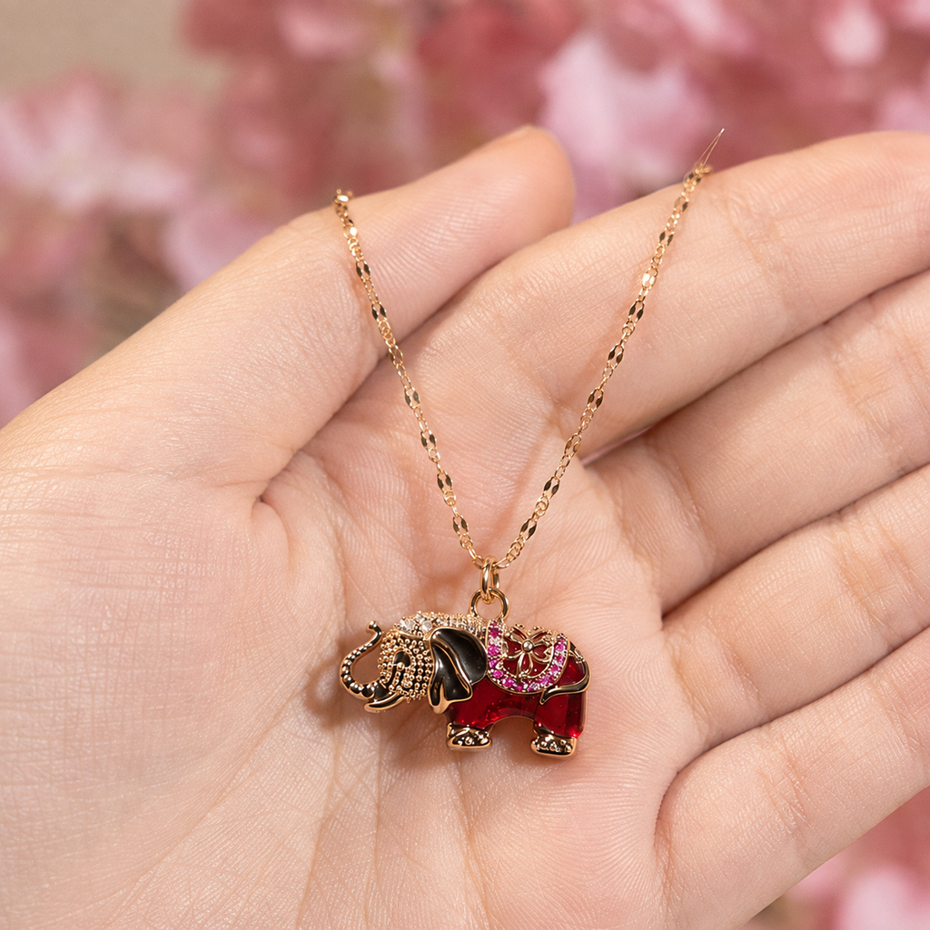 Red Elephant Pendant Necklace, Gold Tone Stainless Steel, Crystal Animal Charm, 18 Inch Adjustable Jewelry Gift for Her