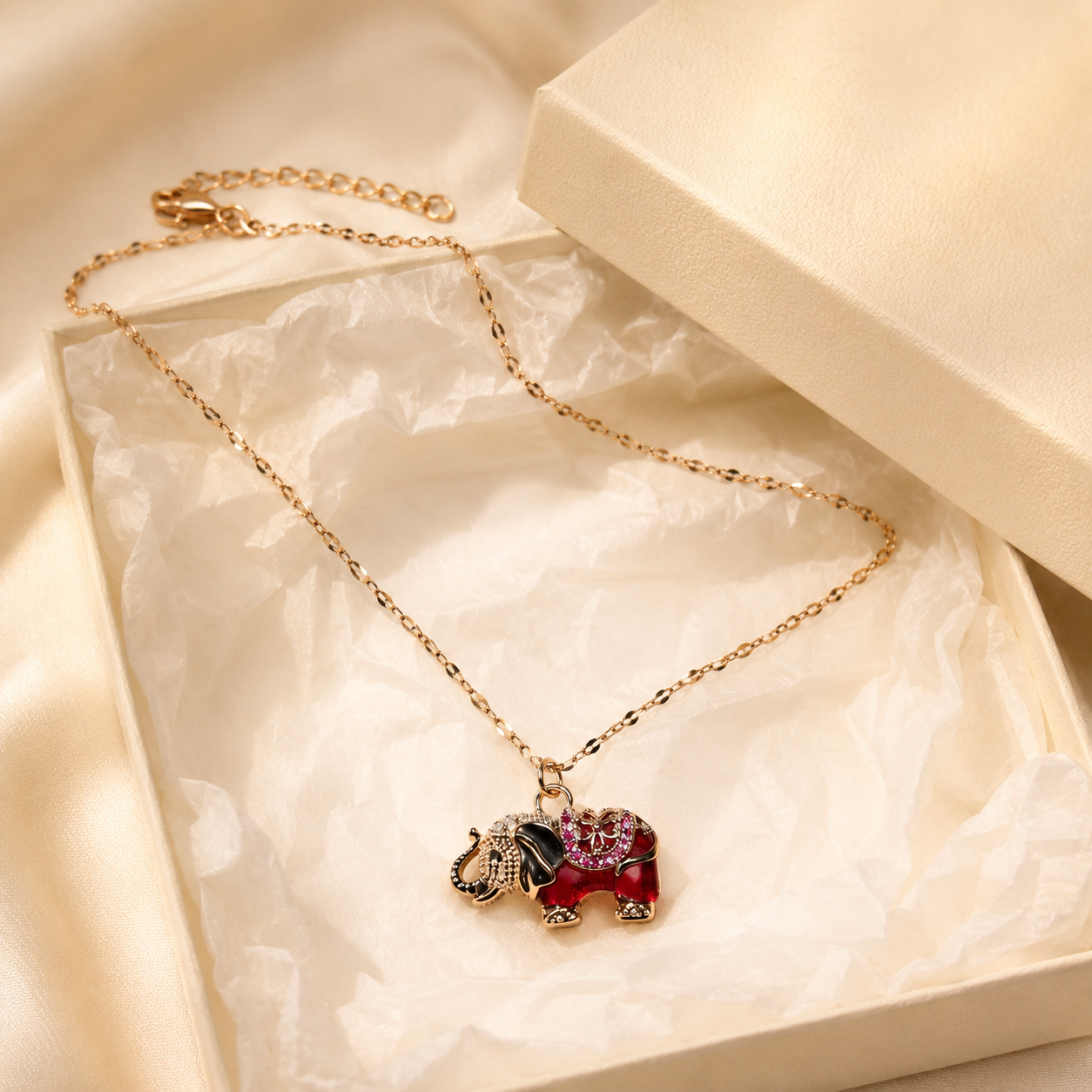 Red Elephant Pendant Necklace, Gold Tone Stainless Steel, Crystal Animal Charm, 18 Inch Adjustable Jewelry Gift for Her