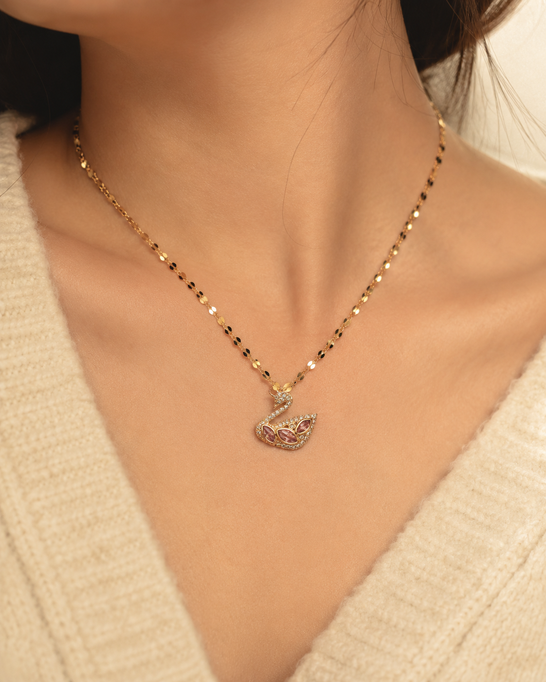 Gold Swan Necklace, Pink White Moissanite Pendant, Dainty Adjustable 18-Inch Jewelry, Tarnish Resistant Gift