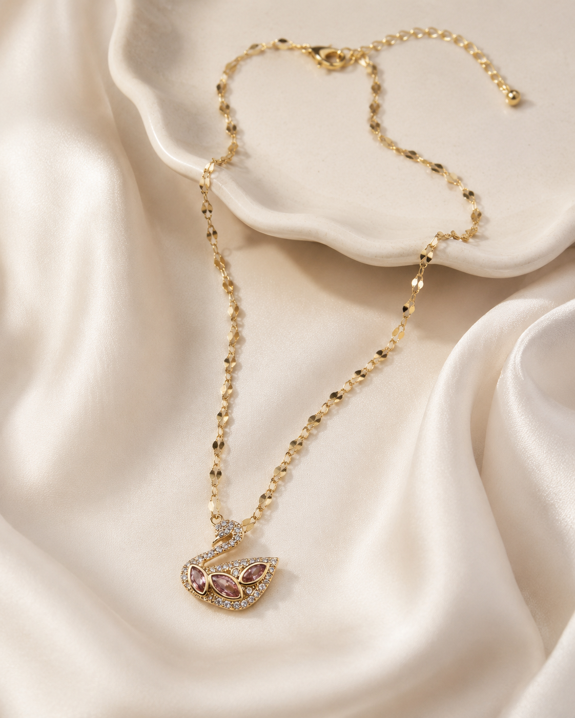 Gold Swan Necklace, Pink White Moissanite Pendant, Dainty Adjustable 18-Inch Jewelry, Tarnish Resistant Gift