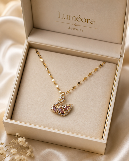 Gold Swan Necklace, Pink White Moissanite Pendant, Dainty Adjustable 18-Inch Jewelry, Tarnish Resistant Gift