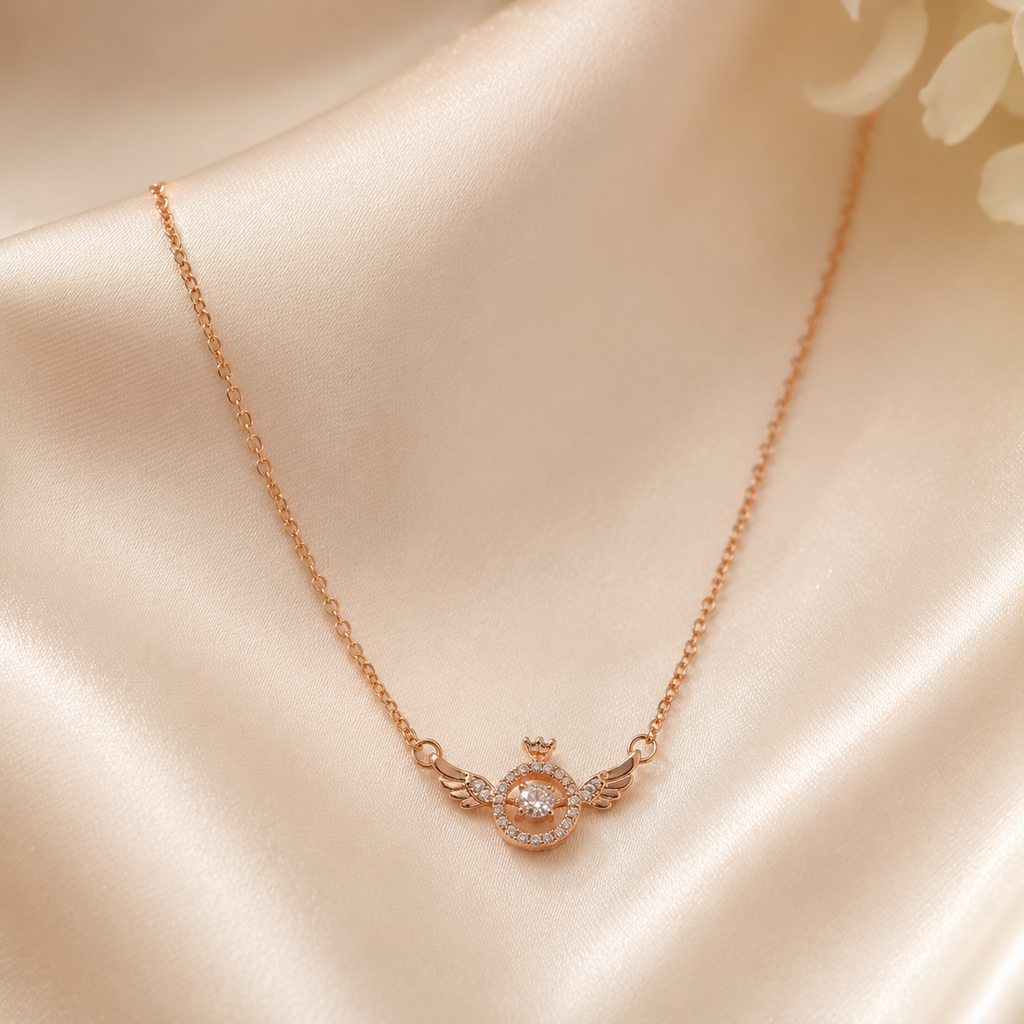 Rose Gold Angel Wings Necklace, Round Moissanite Crown Pendant, Dainty 18-Inch Adjustable Chain, Celestial Gift for Her