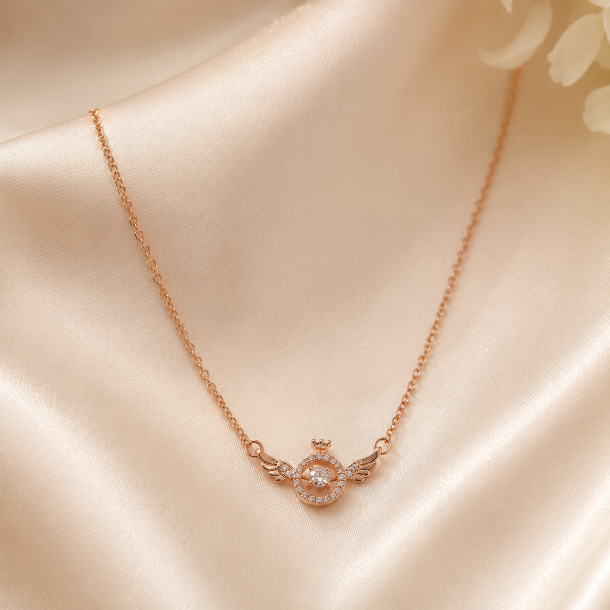 Rose Gold Angel Wings Necklace, Round Moissanite Crown Pendant, Dainty 18-Inch Adjustable Chain, Celestial Gift for Her