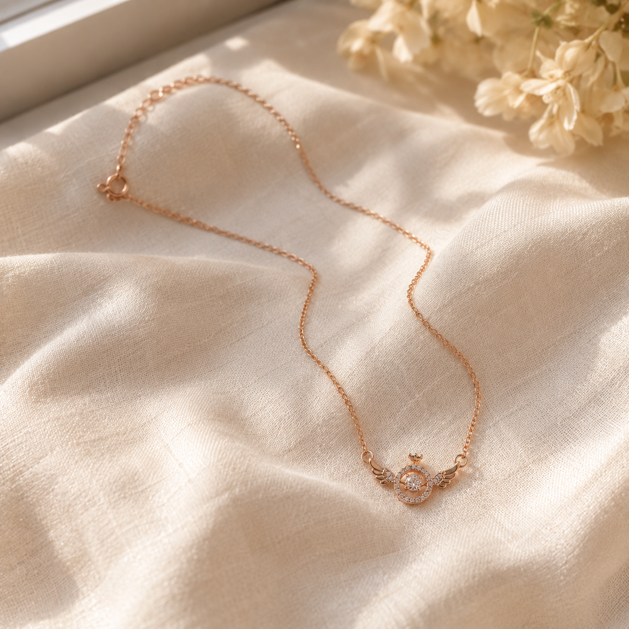 Rose Gold Angel Wings Necklace, Round Moissanite Crown Pendant, Dainty 18-Inch Adjustable Chain, Celestial Gift for Her