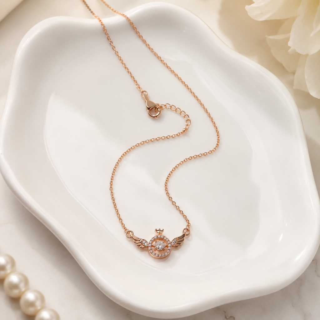 Rose Gold Angel Wings Necklace, Round Moissanite Crown Pendant, Dainty 18-Inch Adjustable Chain, Celestial Gift for Her