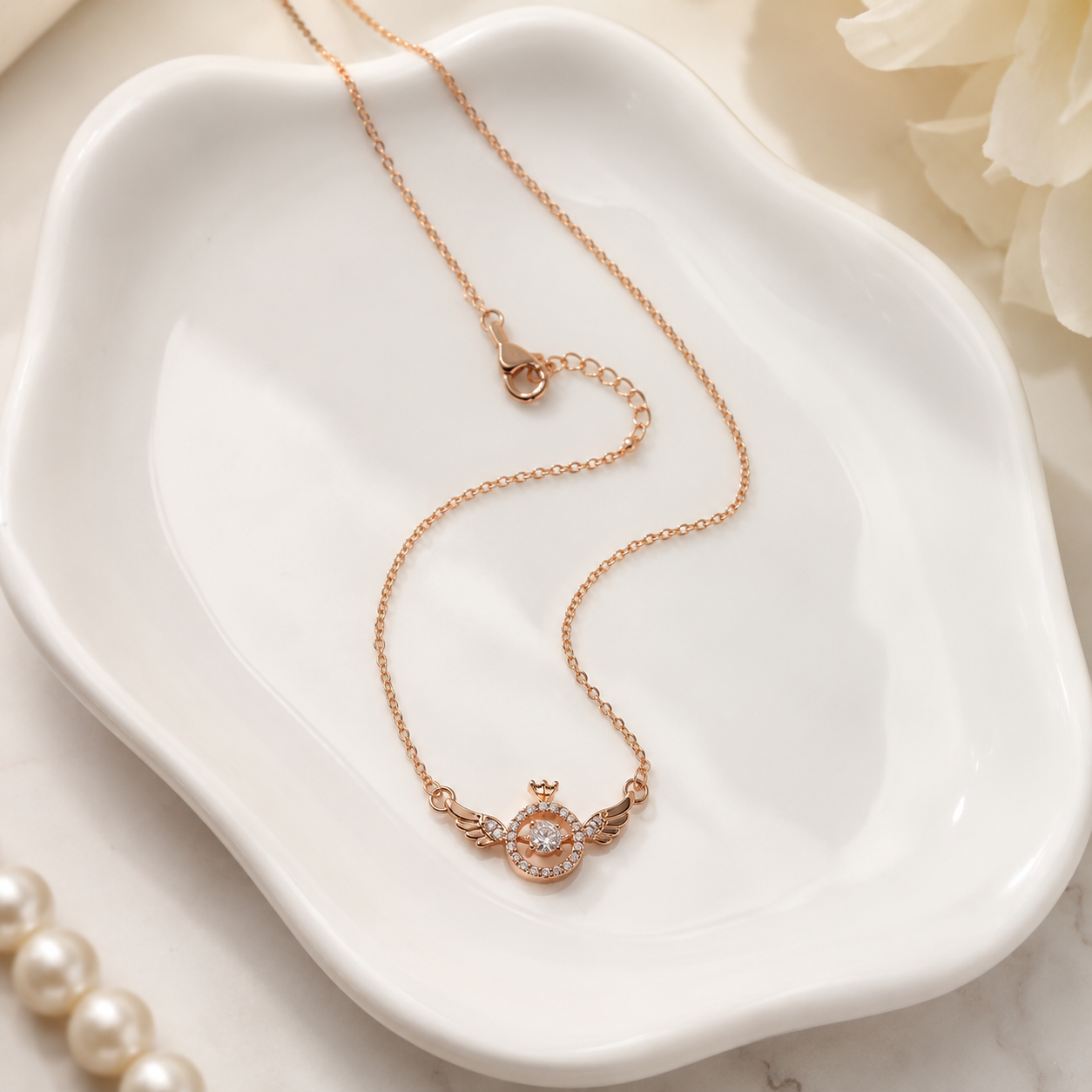 Rose Gold Angel Wings Necklace, Round Moissanite Crown Pendant, Dainty 18-Inch Adjustable Chain, Celestial Gift for Her
