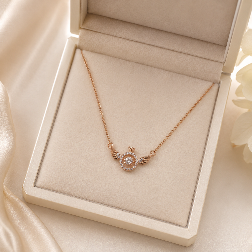 Rose Gold Angel Wings Necklace, Round Moissanite Crown Pendant, Dainty 18-Inch Adjustable Chain, Celestial Gift for Her