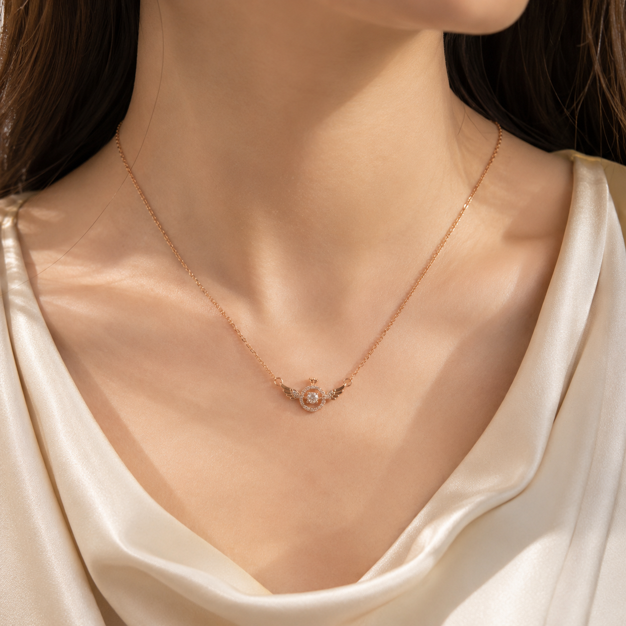 Rose Gold Angel Wings Necklace, Round Moissanite Crown Pendant, Dainty 18-Inch Adjustable Chain, Celestial Gift for Her