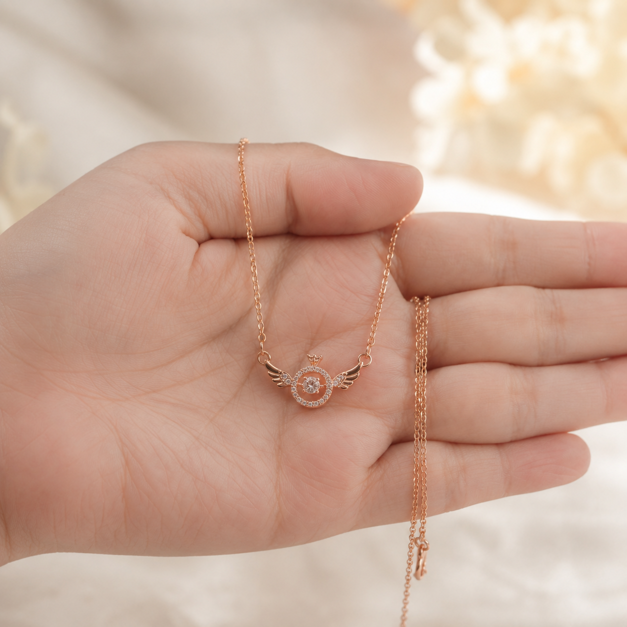 Rose Gold Angel Wings Necklace, Round Moissanite Crown Pendant, Dainty 18-Inch Adjustable Chain, Celestial Gift for Her