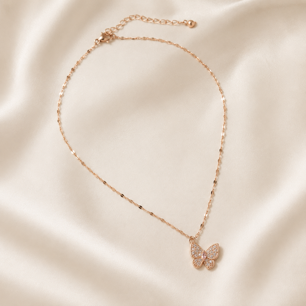 Rose Gold Butterfly Necklace, Pink and Clear Moissanite Pendant, Dainty 18-Inch Adjustable Chain, Minimalist Gift for Her