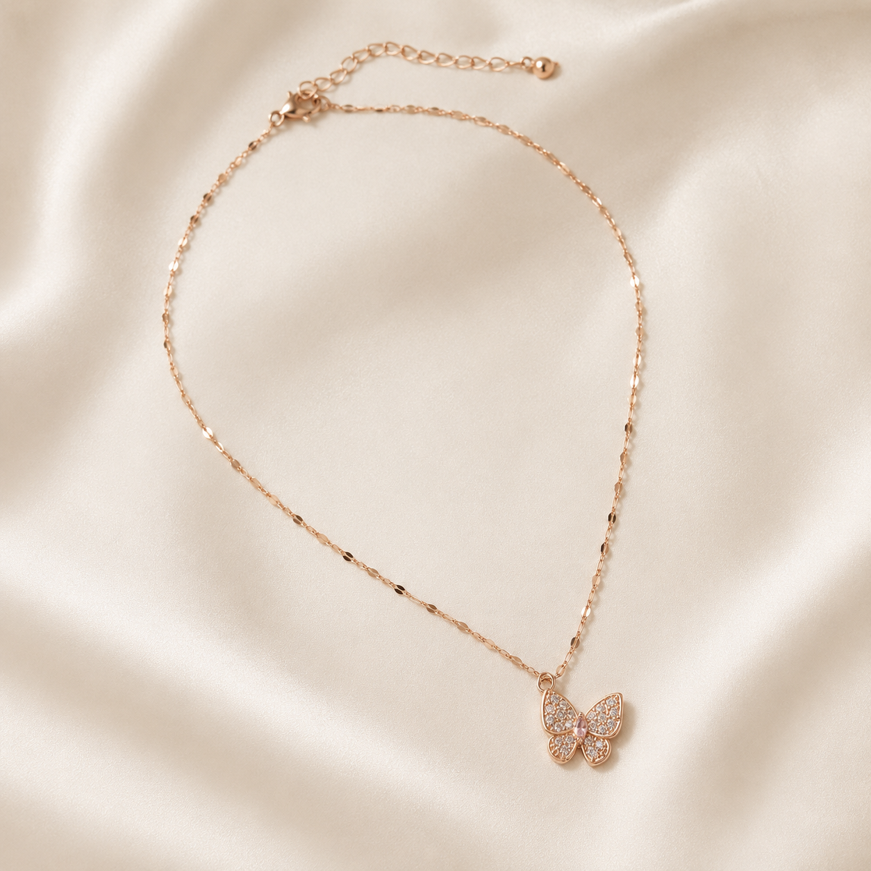 Rose Gold Butterfly Necklace, Pink and Clear Moissanite Pendant, Dainty 18-Inch Adjustable Chain, Minimalist Gift for Her