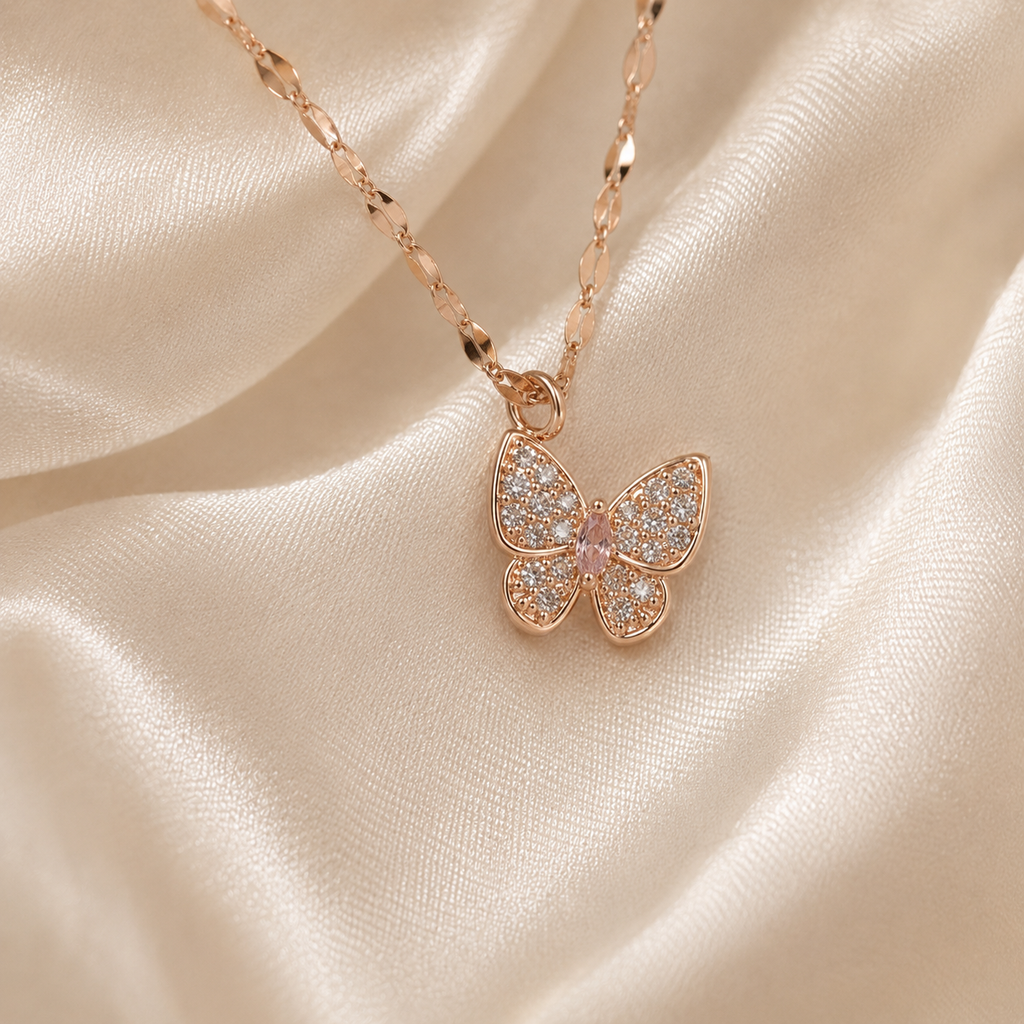 Rose Gold Butterfly Necklace, Pink and Clear Moissanite Pendant, Dainty 18-Inch Adjustable Chain, Minimalist Gift for Her