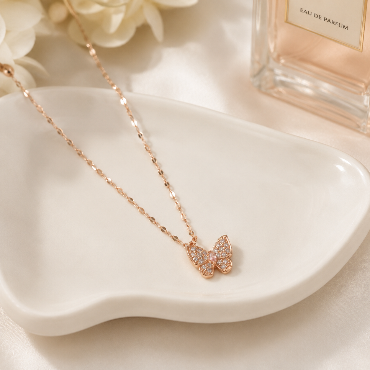 Rose Gold Butterfly Necklace, Pink and Clear Moissanite Pendant, Dainty 18-Inch Adjustable Chain, Minimalist Gift for Her