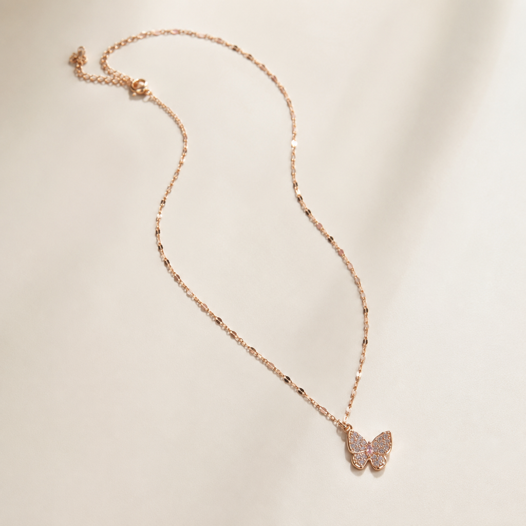 Rose Gold Butterfly Necklace, Pink and Clear Moissanite Pendant, Dainty 18-Inch Adjustable Chain, Minimalist Gift for Her